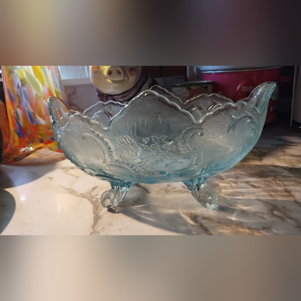 Jeannette Lombardi Aqua Blue Ice Glass Footed Oval Centerpiece